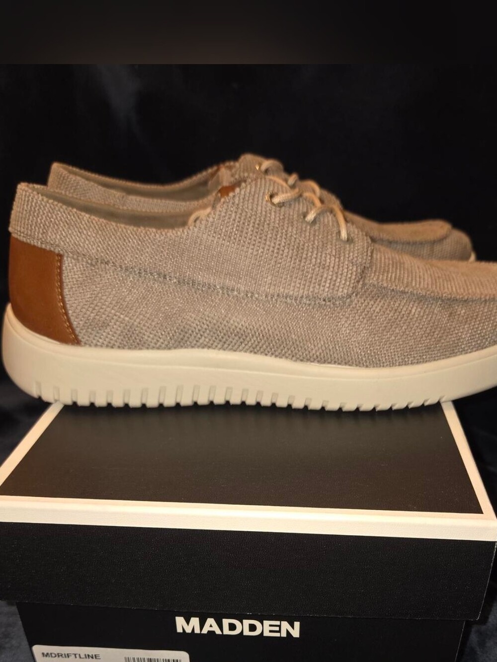 Steve Madden Taupe Knit Slip-On Loafers with Brown Heel Patch